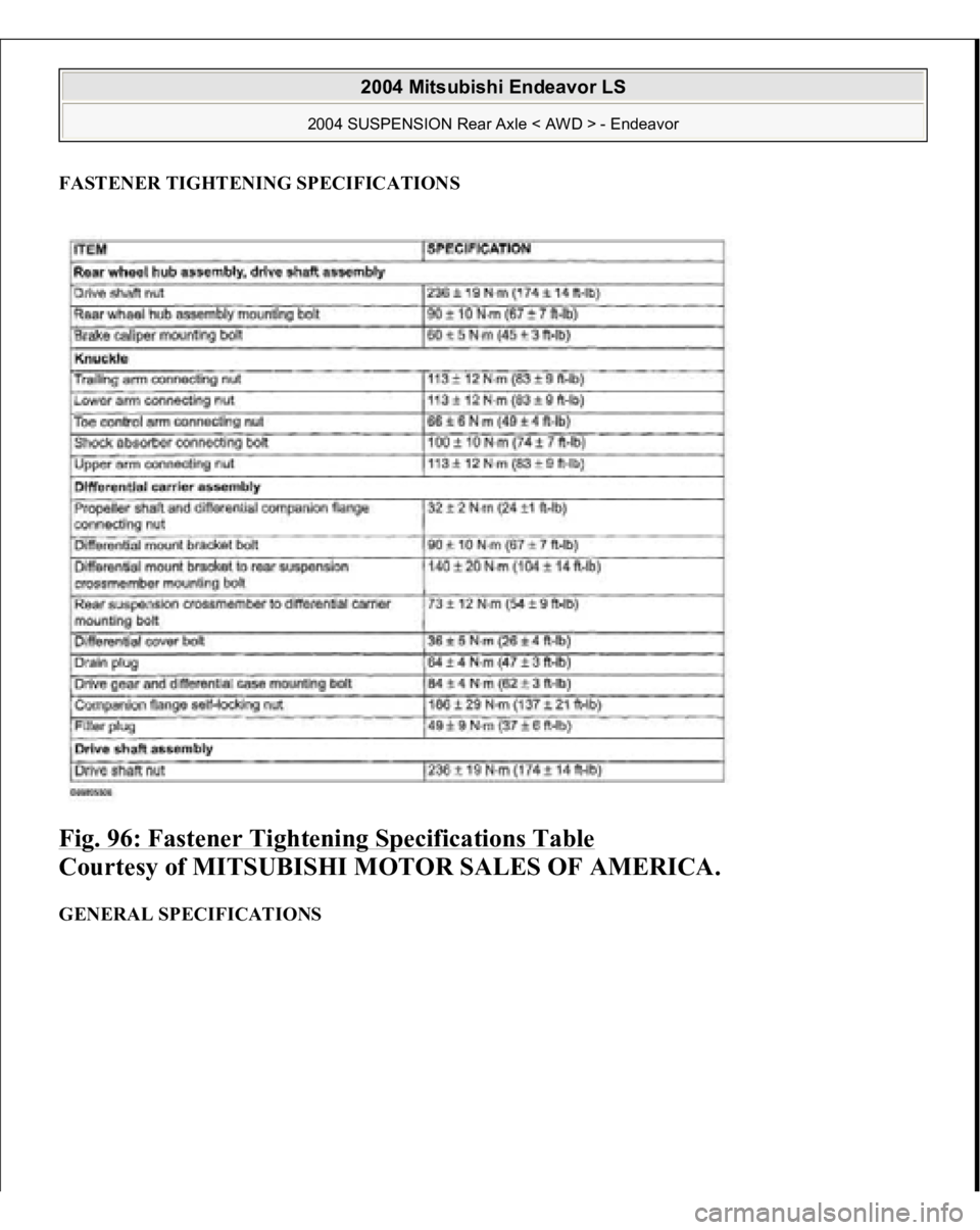MITSUBISHI ENDEAVOR 2004  Service Repair Manual FASTENER TIGHTENING SPECIFICATIONSFig. 96: Fastener Tightening Specifications Table
 
Courtesy of MITSUBISHI MOTOR SALES OF AMERICA. 
GENERAL SPECIFICATIONS  
2004 Mitsubishi Endeavor LS 
2004 SUSPENS