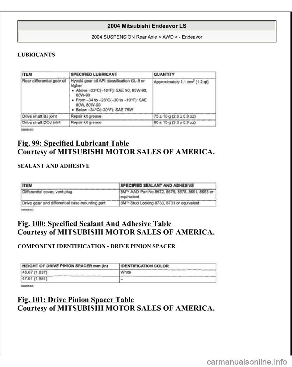 MITSUBISHI ENDEAVOR 2004  Service Repair Manual LUBRICANTS Fig. 99: Specified Lubricant Table
 
Courtesy of MITSUBISHI MOTOR SALES OF AMERICA. 
SEALANT AND ADHESIVE Fig. 100: Specified Sealant And Adhesive Table
 
Courtesy of MITSUBISHI MOTOR SALES