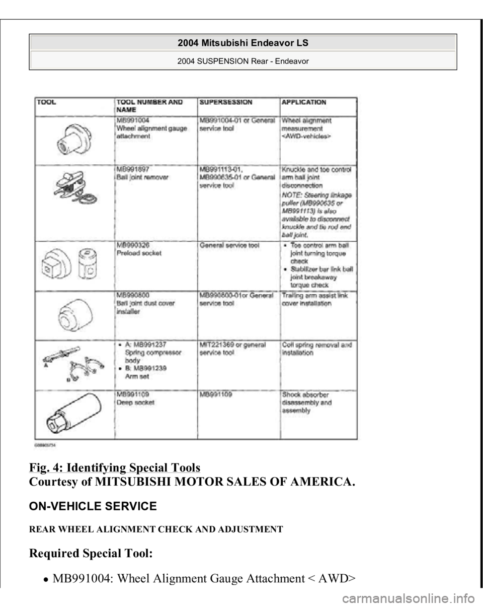 MITSUBISHI ENDEAVOR 2004  Service Repair Manual Fig. 4: Identifying Special Tools
 
Courtesy of MITSUBISHI MOTOR SALES OF AMERICA. 
ON-VEHICLE SERVICE REAR WHEEL ALIGNMENT CHECK AND ADJUSTMENT Required Special Tool:  
MB991004: Wheel Ali
gnment Gau