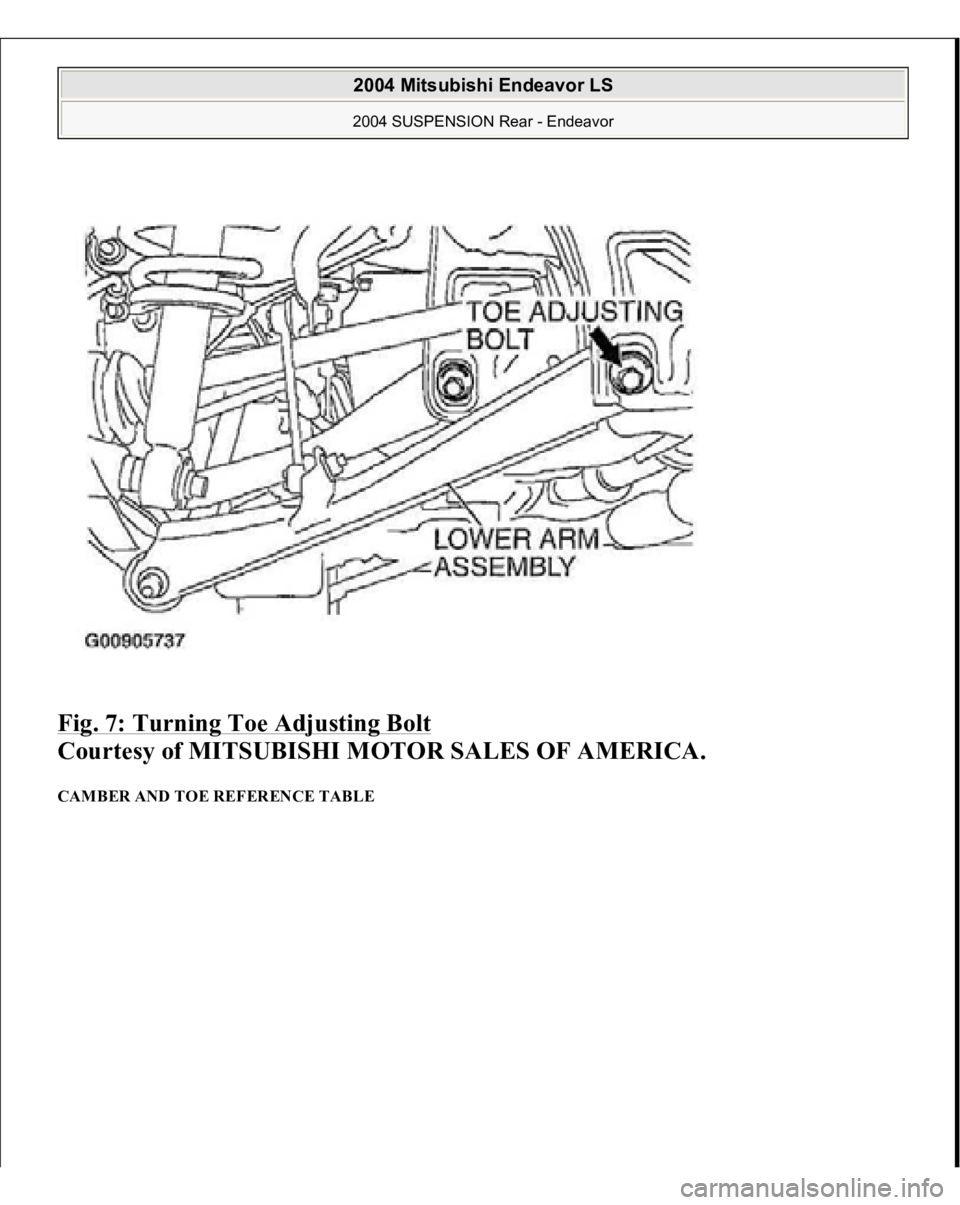 MITSUBISHI ENDEAVOR 2004  Service Repair Manual Fig. 7: Turning Toe Adjusting Bolt
 
Courtesy of MITSUBISHI MOTOR SALES OF AMERICA. 
CAMBER AND TOE REFERENCE TABLE  
2004 Mitsubishi Endeavor LS 2004 SUSPENSION Rear - Endeavor
   