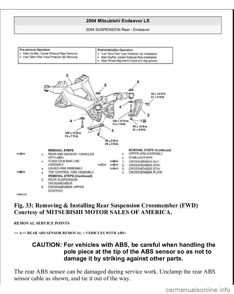 MITSUBISHI ENDEAVOR 2004  Service Manual PDF Fig. 33: Removing & Installing Rear Suspension Crossmember (FWD)
 
Courtesy of MITSUBISHI MOTOR SALES OF AMERICA. 
REMOVAL SERVICE POINTS << A>> REAR ABS SENSOR REMOVAL < VEHICLES WITH ABS> The rear A