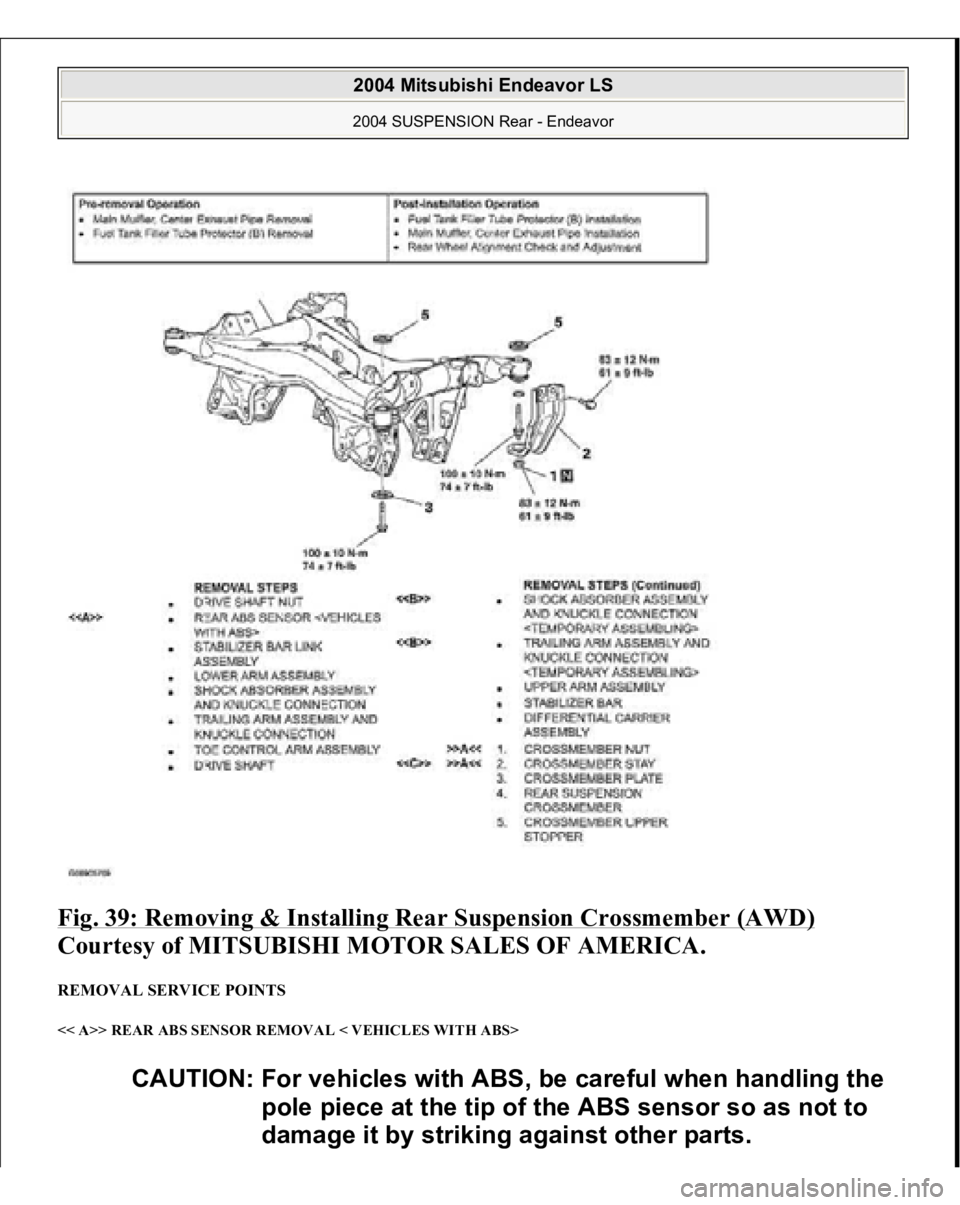 MITSUBISHI ENDEAVOR 2004  Service Manual PDF Fig. 39: Removing & Installing Rear Suspension Crossmember (AWD)
 
Courtesy of MITSUBISHI MOTOR SALES OF AMERICA. 
REMOVAL SERVICE POINTS << A>> REAR ABS SENSOR REMOVAL < VEHICLES WITH ABS> 
CAUTION: 
