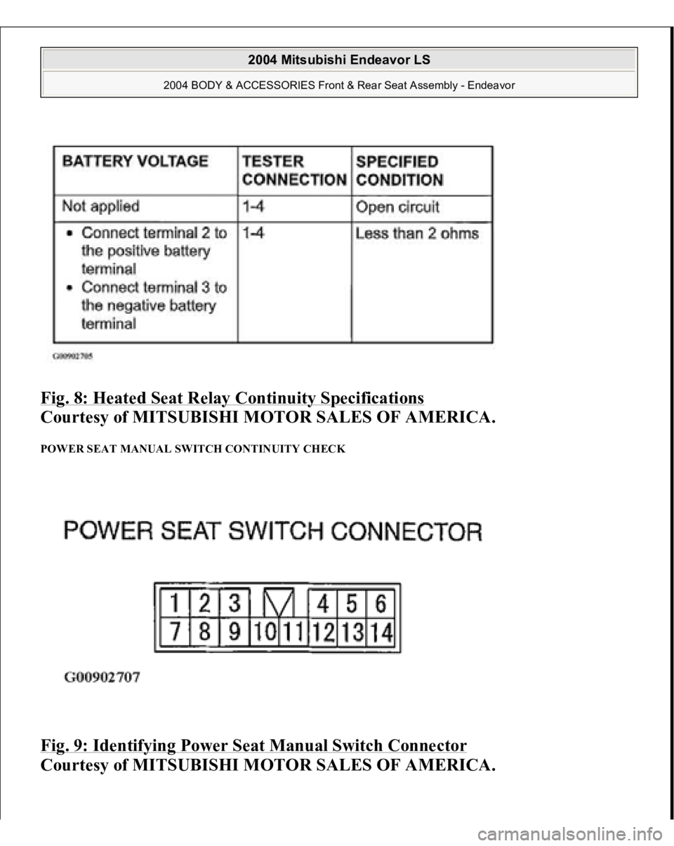 MITSUBISHI ENDEAVOR 2004  Service Repair Manual Fig. 8: Heated Seat Relay Continuity Specifications
 
Courtesy of MITSUBISHI MOTOR SALES OF AMERICA. 
POWER SEAT MANUAL SWITCH CONTINUITY CHECK Fig. 9: Identifying Power Seat Manual Switch Connector
 