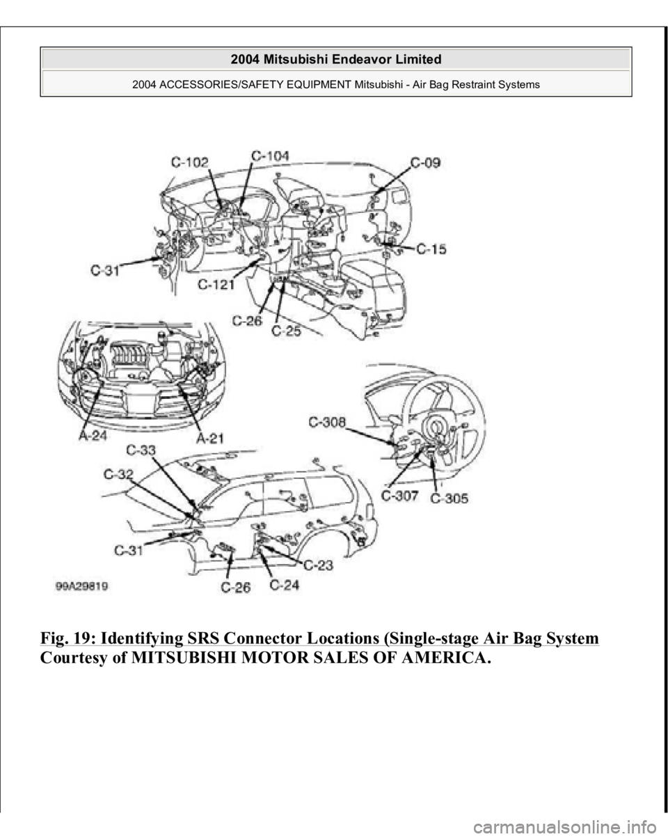 MITSUBISHI ENDEAVOR 2004 Service Repair Manual Fig. 19: Identifying SRS Connector Locations (Single
-stage Air Bag System
Courtesy of MITSUBISHI MOTOR SALES OF AMERICA.
2004 Mitsubishi Endeavor Limited
2004 ACCESSORIES/SAFETY EQUIPMENT Mitsub MITSUBISHI ENDEAVOR 2004 Service Repair Manual Fig. 19: Identifying SRS Connector Locations (Single
-stage Air Bag System
Courtesy of MITSUBISHI MOTOR SALES OF AMERICA.
2004 Mitsubishi Endeavor Limited
2004 ACCESSORIES/SAFETY EQUIPMENT Mitsub