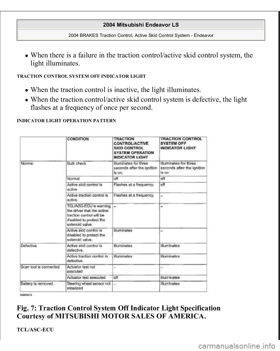 MITSUBISHI ENDEAVOR 2004 Service Repair Manual When there is a failure in the traction control/active skid control system, the
light illuminates.
TRACTION CONTROL SYSTEM OFF INDICATOR LIGHT
When the traction control is inactive, the light illu MITSUBISHI ENDEAVOR 2004 Service Repair Manual When there is a failure in the traction control/active skid control system, the
light illuminates.
TRACTION CONTROL SYSTEM OFF INDICATOR LIGHT
When the traction control is inactive, the light illu