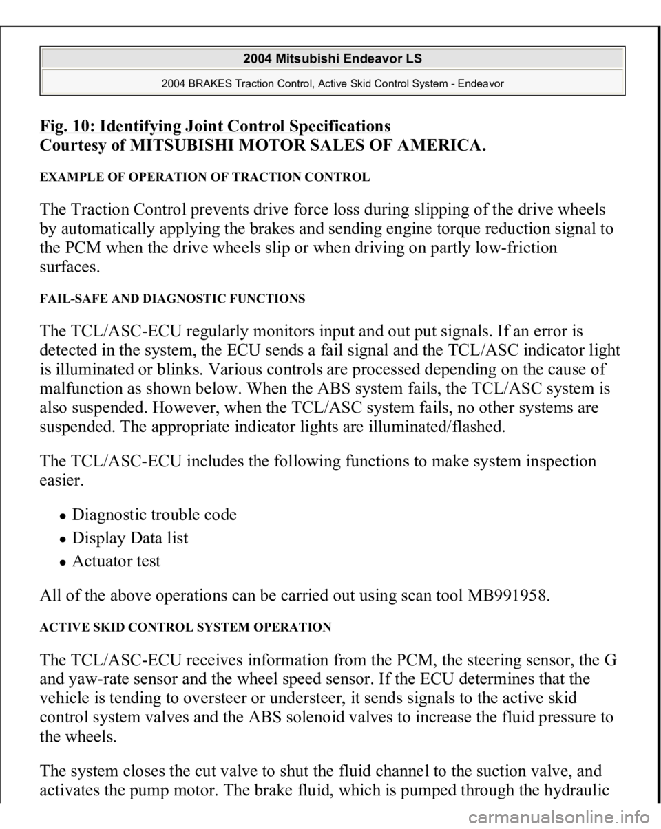 MITSUBISHI ENDEAVOR 2004 Service Manual PDF Fig. 10: Identifying Joint Control Specification
s
Courtesy of MITSUBISHI MOTOR SALES OF AMERICA.
EXAMPLE OF OPERATION OF TRACTION CONTROL The Traction Control prevents drive force loss during slipp MITSUBISHI ENDEAVOR 2004 Service Manual PDF Fig. 10: Identifying Joint Control Specification
s
Courtesy of MITSUBISHI MOTOR SALES OF AMERICA.
EXAMPLE OF OPERATION OF TRACTION CONTROL The Traction Control prevents drive force loss during slipp
