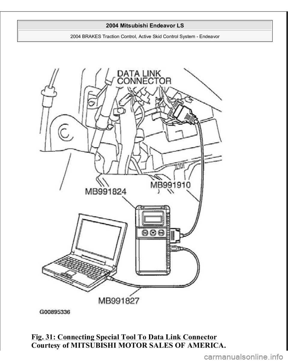MITSUBISHI ENDEAVOR 2004 Service Repair Manual Fig. 31: Connecting Special Tool To Data Link Connector
Courtesy of MITSUBISHI MOTOR SALES OF AMERICA.
2004 Mitsubishi Endeavor LS
2004 BRAKES Traction Control, Active Skid Control System - Endea MITSUBISHI ENDEAVOR 2004 Service Repair Manual Fig. 31: Connecting Special Tool To Data Link Connector
Courtesy of MITSUBISHI MOTOR SALES OF AMERICA.
2004 Mitsubishi Endeavor LS
2004 BRAKES Traction Control, Active Skid Control System - Endea