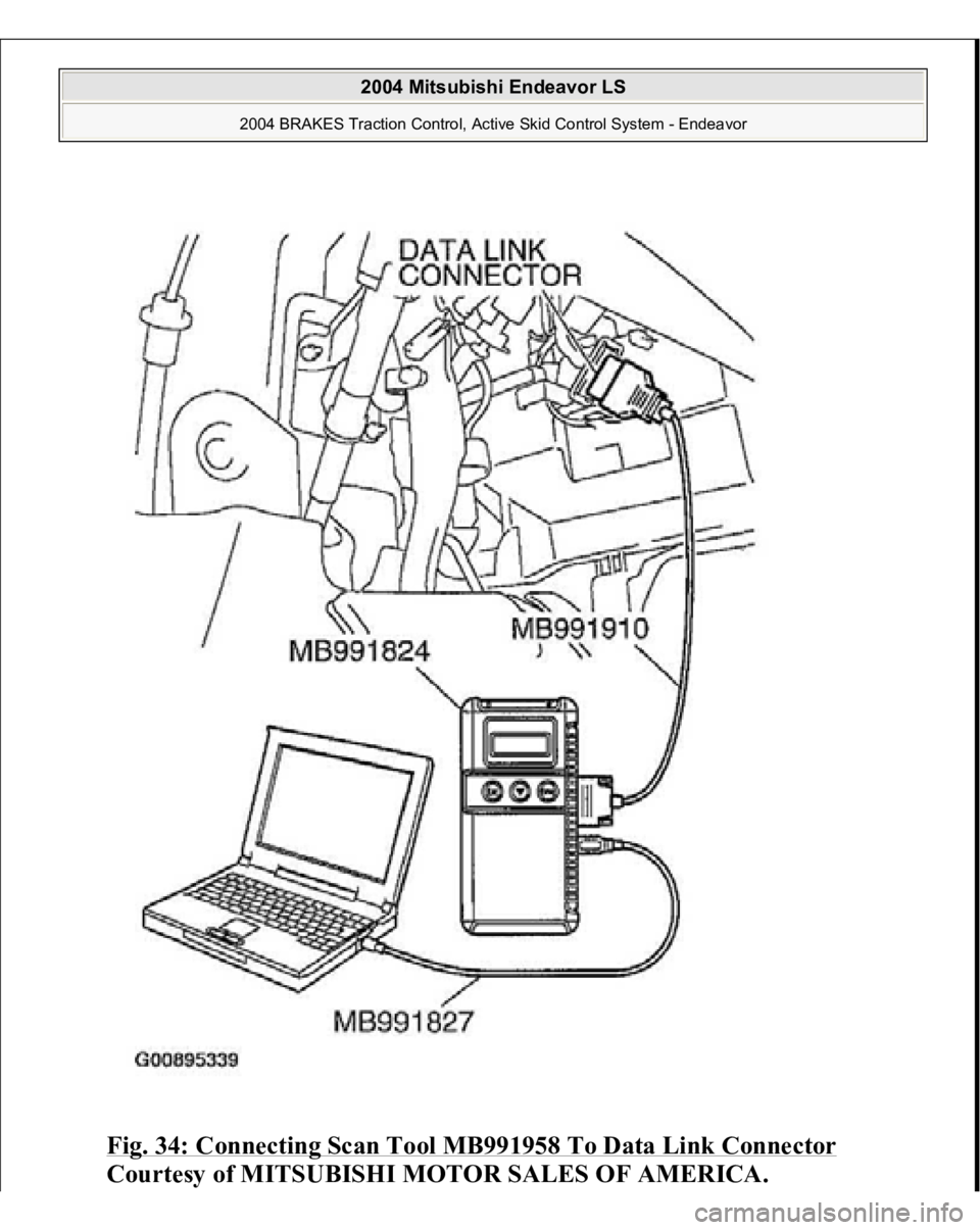 MITSUBISHI ENDEAVOR 2004  Service Repair Manual Fig. 34: Connecting Scan Tool MB991958 To Data Link Connector
 
Courtesy of MITSUBISHI MOTOR SALES OF AMERICA.
 
2004 Mitsubishi Endeavor LS 
2004 BRAKES Traction Control, Active Skid Control System -