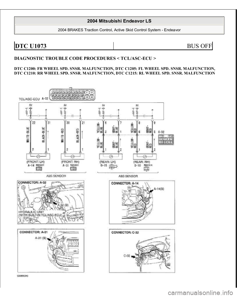 MITSUBISHI ENDEAVOR 2004  Service Repair Manual DIAGNOSTIC TROUBLE CODE PROCEDURES < TCL/ASC-ECU > DTC C1200: FR WHEEL SPD. SNSR. MALFUNCTION, DTC C1205: FL WHEEL SPD. SNSR. MALFUNCTION, 
DTC C1210: RR WHEEL SPD. SNSR. MALFUNCTION, DTC C1215: RL WH