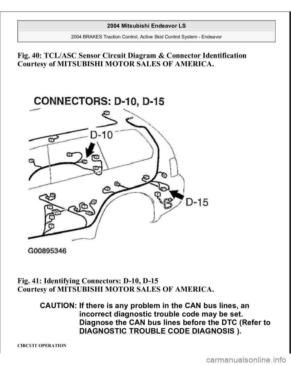 MITSUBISHI ENDEAVOR 2004  Service Repair Manual Fig. 40: TCL/ASC Sensor Circuit Diagram & Connector Identificatio
n 
Courtesy of MITSUBISHI MOTOR SALES OF AMERICA. 
Fig. 41: Identifying Connectors: D
-10, D
-15 
Courtesy of MITSUBISHI MOTOR SALES O