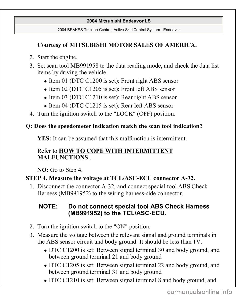 MITSUBISHI ENDEAVOR 2004 Service Manual PDF Courtesy of MITSUBISHI MOTOR SALES OF AMERICA
.
2. Start the engine.
3. Set scan tool MB991958 to the data reading mode, and check the data list
items by driving the vehicle.
Item 01 (DTC C1200 i MITSUBISHI ENDEAVOR 2004 Service Manual PDF Courtesy of MITSUBISHI MOTOR SALES OF AMERICA
.
2. Start the engine.
3. Set scan tool MB991958 to the data reading mode, and check the data list
items by driving the vehicle.
Item 01 (DTC C1200 i
