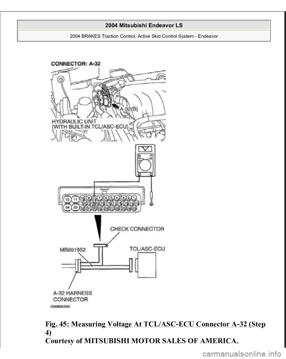 MITSUBISHI ENDEAVOR 2004  Service Repair Manual Fig. 45: Measuring Voltage At TCL/ASC
-ECU Connector A
-32 (Step 
4) 
Courtes
y of MITSUBISHI MOTOR SALES OF AMERICA
.
 
2004 Mitsubishi Endeavor LS 
2004 BRAKES Traction Control, Active Skid Control 