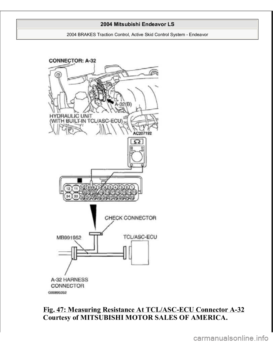MITSUBISHI ENDEAVOR 2004  Service Repair Manual Fig. 47: Measuring Resistance At TCL/ASC
-ECU Connector A
-32 
Courtes
y of MITSUBISHI MOTOR SALES OF AMERICA
.
 
2004 Mitsubishi Endeavor LS 
2004 BRAKES Traction Control, Active Skid Control System 
