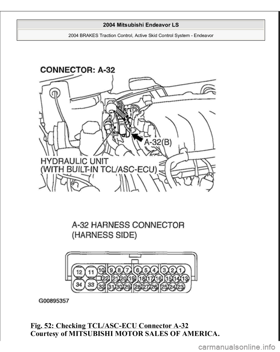 MITSUBISHI ENDEAVOR 2004  Service Repair Manual Fig. 52: Checking TCL/ASC
-ECU Connector A
-32 
Courtesy of MITSUBISHI MOTOR SALES OF AMERICA.
 
2004 Mitsubishi Endeavor LS 
2004 BRAKES Traction Control, Active Skid Control System - Endeavor
   