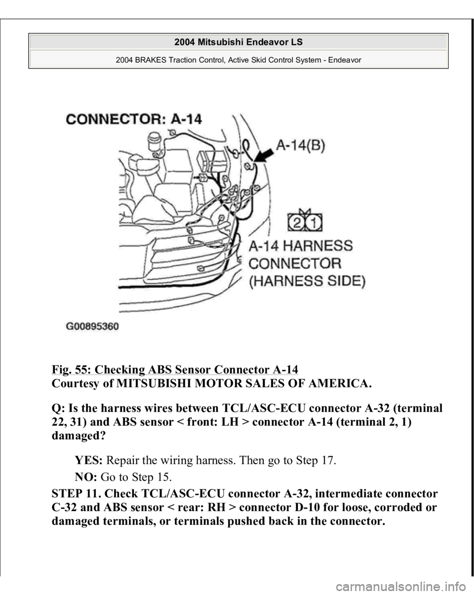MITSUBISHI ENDEAVOR 2004  Service Manual Online Fig. 55: Checking ABS Sensor Connector A
-14 
Courtesy of MITSUBISHI MOTOR SALES OF AMERICA. 
Q: Is the harness wires between TCL/ASC-ECU connector A-32 (terminal 
22, 31) and ABS sensor < front: LH >