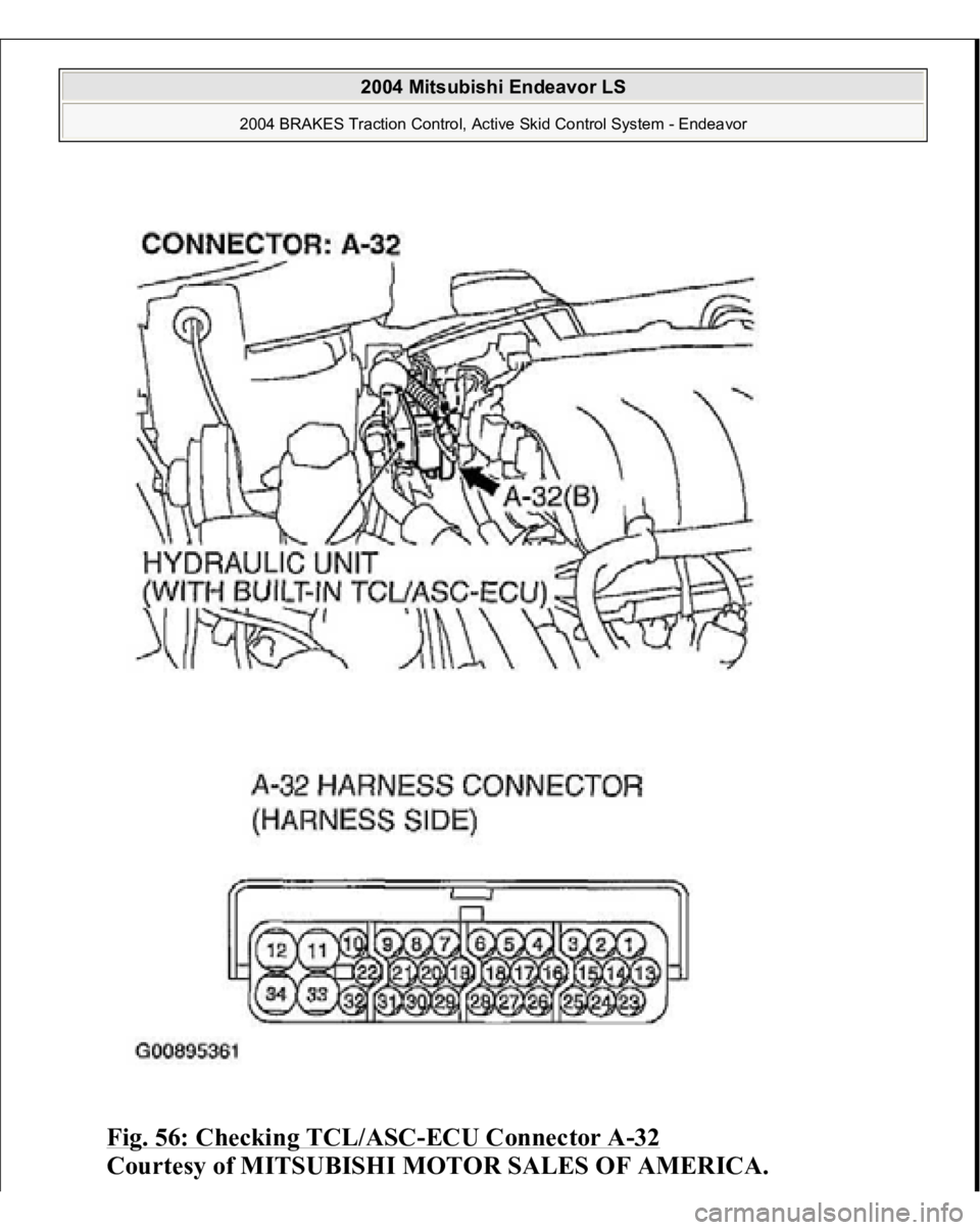 MITSUBISHI ENDEAVOR 2004  Service Repair Manual Fig. 56: Checking TCL/ASC
-ECU Connector A
-32 
Courtes
y of MITSUBISHI MOTOR SALES OF AMERICA
.
 
2004 Mitsubishi Endeavor LS 
2004 BRAKES Traction Control, Active Skid Control System - Endeavor
   