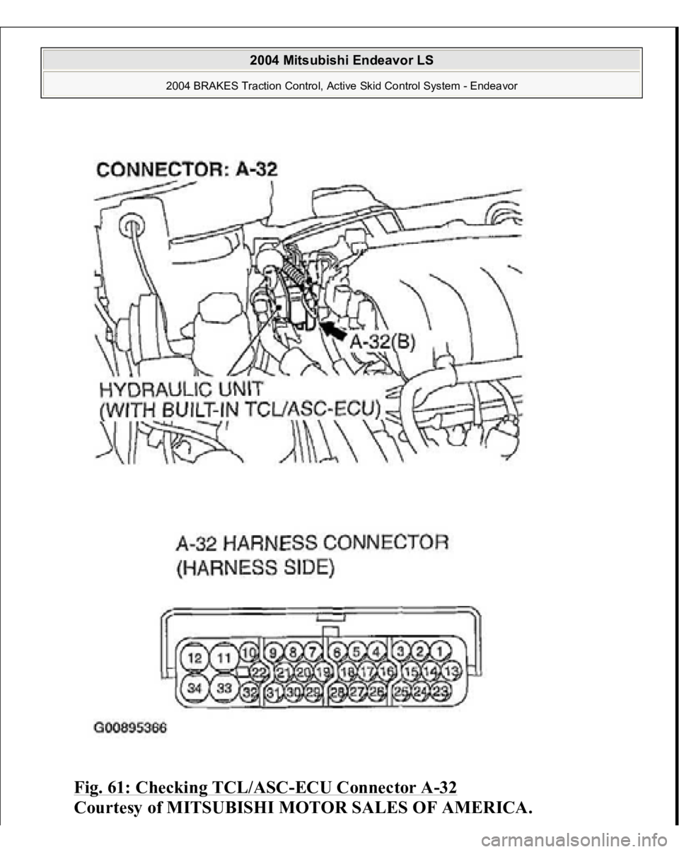MITSUBISHI ENDEAVOR 2004  Service Repair Manual Fig. 61: Checking TCL/ASC
-ECU Connector A
-32 
Courtesy of MITSUBISHI MOTOR SALES OF AMERICA.
 
2004 Mitsubishi Endeavor LS 
2004 BRAKES Traction Control, Active Skid Control System - Endeavor
   