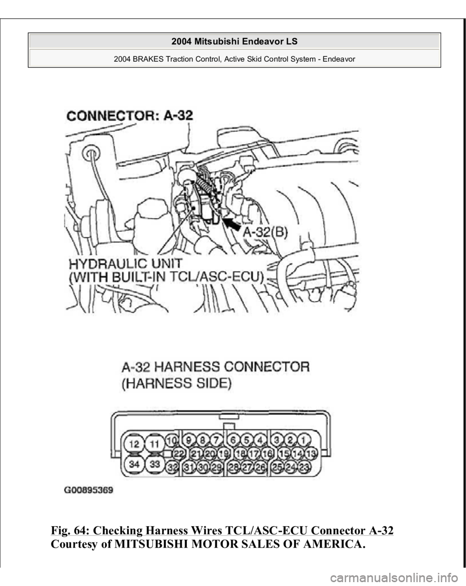 MITSUBISHI ENDEAVOR 2004  Service Repair Manual Fig. 64: Checking Harness Wires TCL/ASC
-ECU Connector A
-32 
Courtesy of MITSUBISHI MOTOR SALES OF AMERICA.
 
2004 Mitsubishi Endeavor LS 
2004 BRAKES Traction Control, Active Skid Control System - E