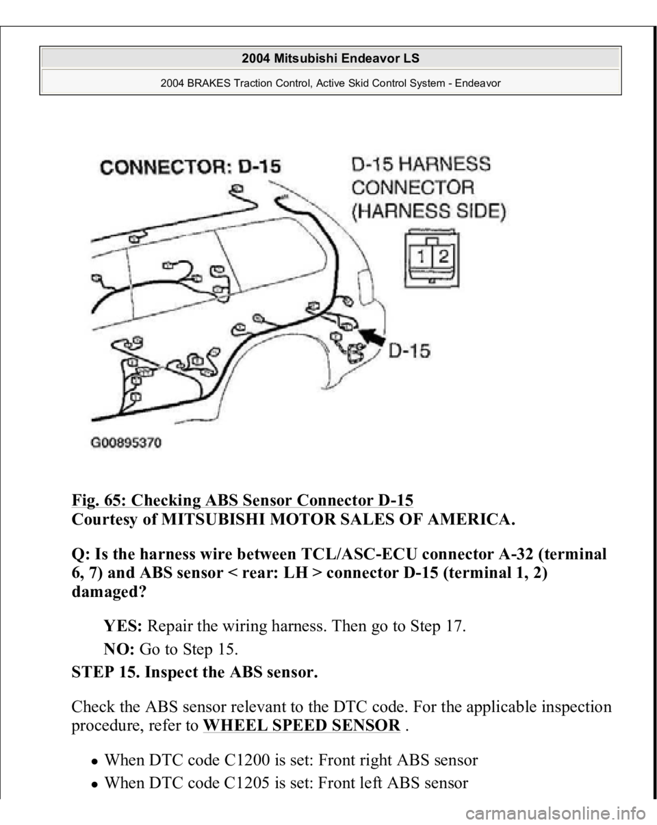 MITSUBISHI ENDEAVOR 2004  Service Manual Online Fig. 65: Checking ABS Sensor Connector D
-15 
Courtesy of MITSUBISHI MOTOR SALES OF AMERICA. 
Q: Is the harness wire between TCL/ASC-ECU connector A-32 (terminal 
6, 7) and ABS sensor < rear: LH > con