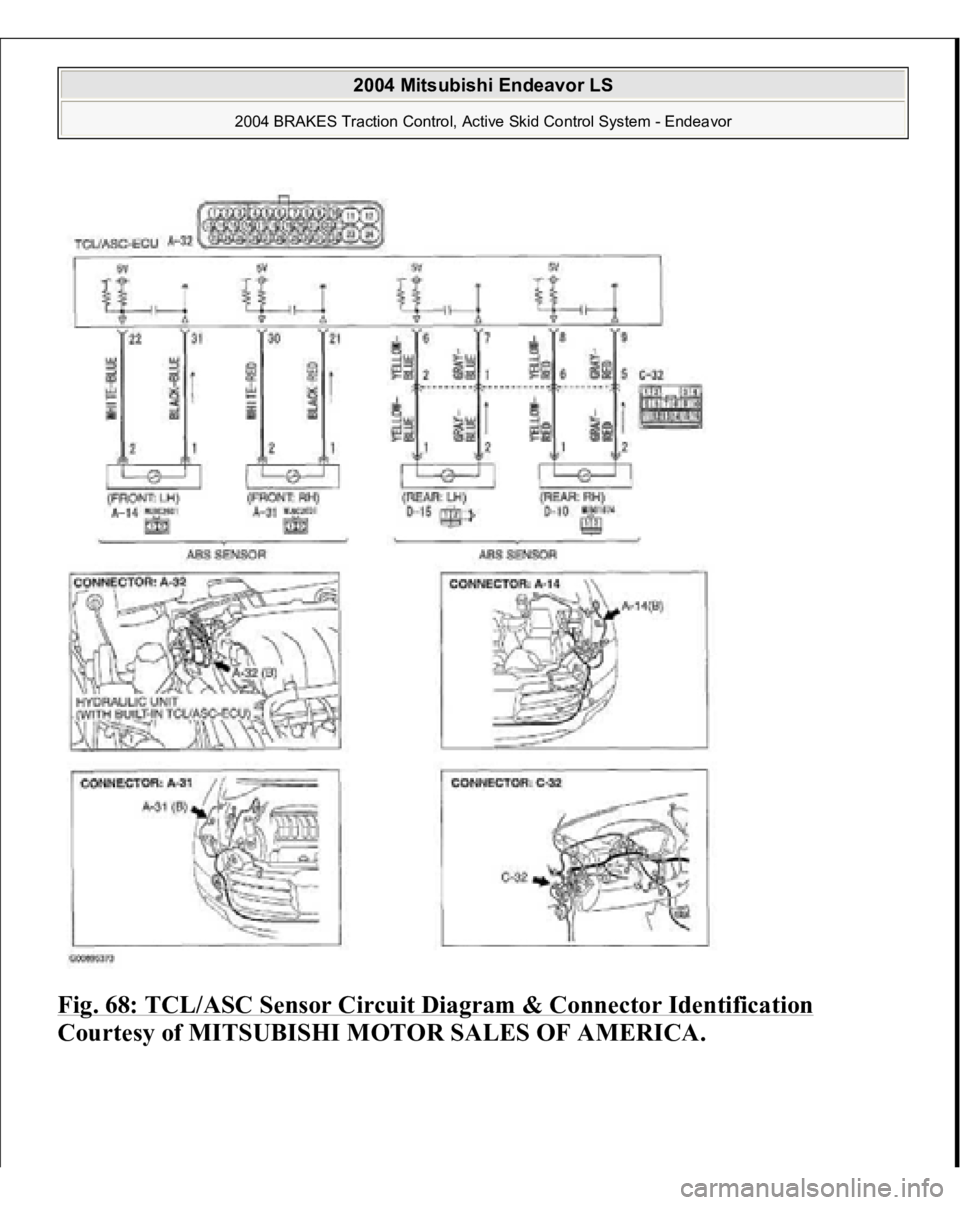 MITSUBISHI ENDEAVOR 2004  Service Repair Manual Fig. 68: TCL/ASC Sensor Circuit Diagram & Connector Identification
 
Courtesy of MITSUBISHI MOTOR SALES OF AMERICA.
 
2004 Mitsubishi Endeavor LS 
2004 BRAKES Traction Control, Active Skid Control Sys