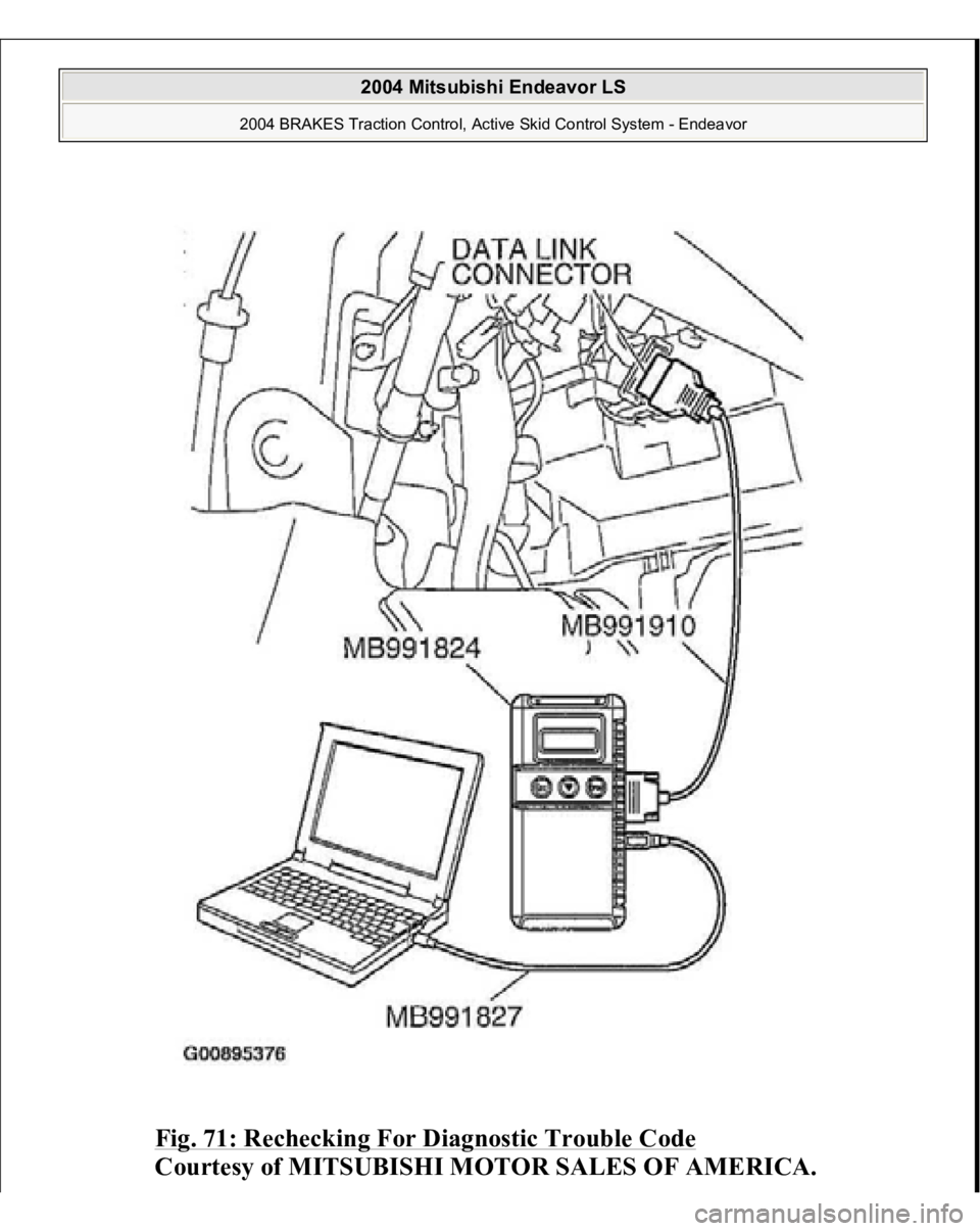 MITSUBISHI ENDEAVOR 2004  Service Repair Manual Fig. 71: Rechecking For Diagnostic Trouble Code
 
Courtesy of MITSUBISHI MOTOR SALES OF AMERICA.
 
2004 Mitsubishi Endeavor LS 
2004 BRAKES Traction Control, Active Skid Control System - Endeavor
   