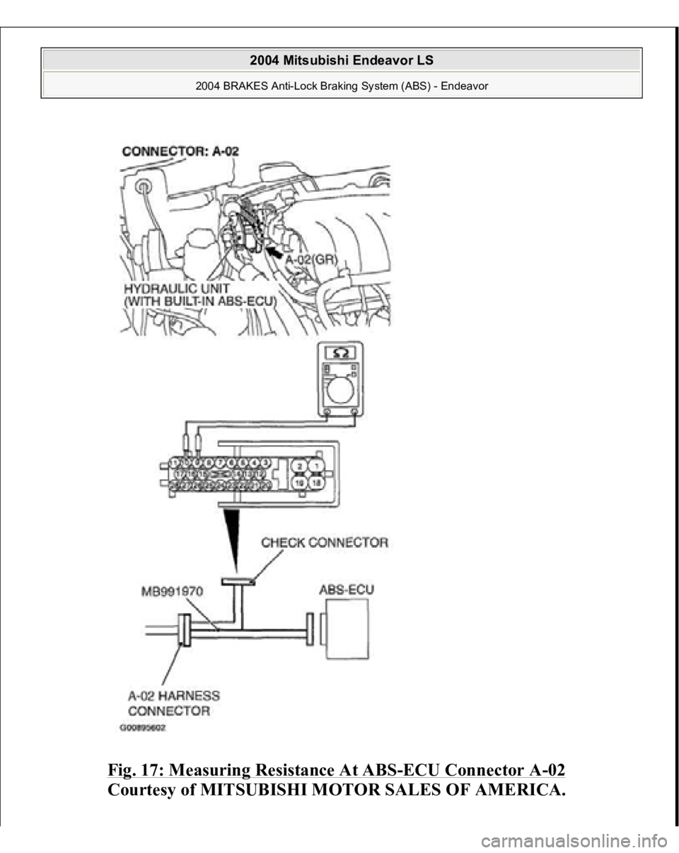 MITSUBISHI ENDEAVOR 2004  Service Owners Guide Fig. 17: Measuring Resistance At ABS
-ECU Connector A
-02 
Courtesy of MITSUBISHI MOTOR SALES OF AMERICA.
 
2004 Mitsubishi Endeavor LS 
2004 BRAKES Anti-Lock Braking System (ABS) - Endeavor
   