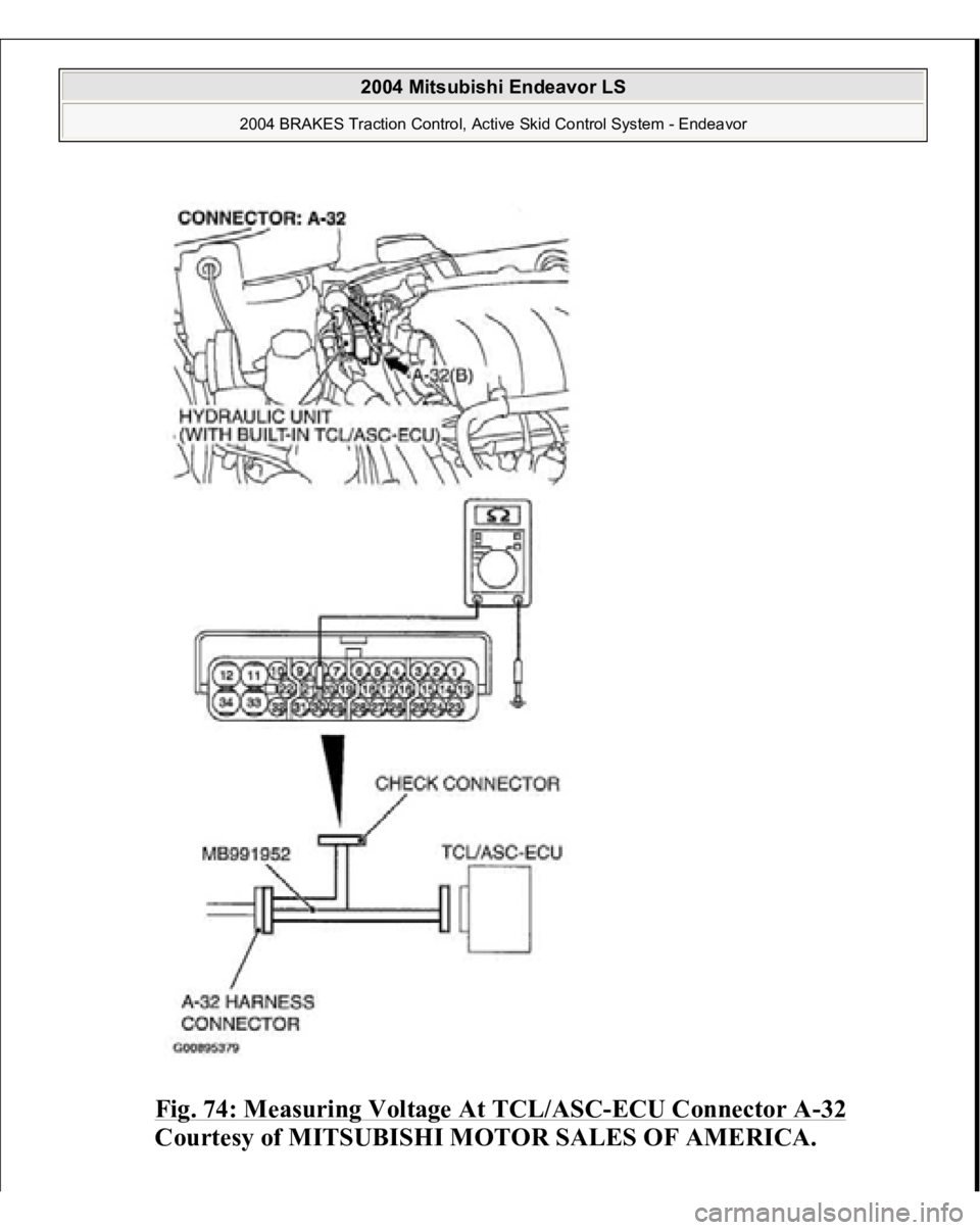 MITSUBISHI ENDEAVOR 2004  Service Repair Manual Fig. 74: Measuring Voltage At TCL/ASC
-ECU Connector A
-32 
Courtesy of MITSUBISHI MOTOR SALES OF AMERICA.
 
2004 Mitsubishi Endeavor LS 
2004 BRAKES Traction Control, Active Skid Control System - End