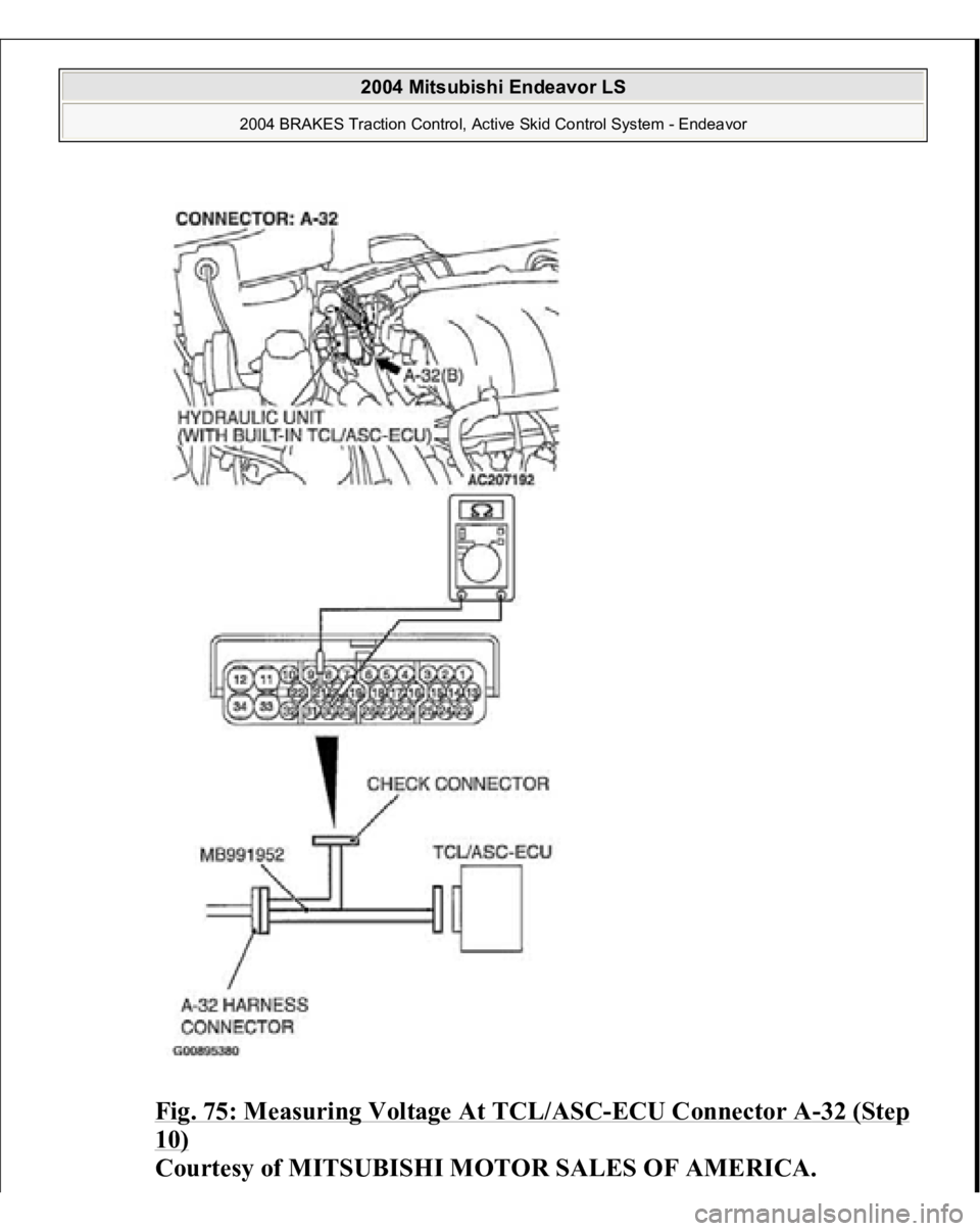 MITSUBISHI ENDEAVOR 2004  Service Repair Manual Fig. 75: Measuring Voltage At TCL/ASC
-ECU Connector A
-32 (Step 
10)
 
Courtesy of MITSUBISHI MOTOR SALES OF AMERICA.
 
2004 Mitsubishi Endeavor LS 
2004 BRAKES Traction Control, Active Skid Control 