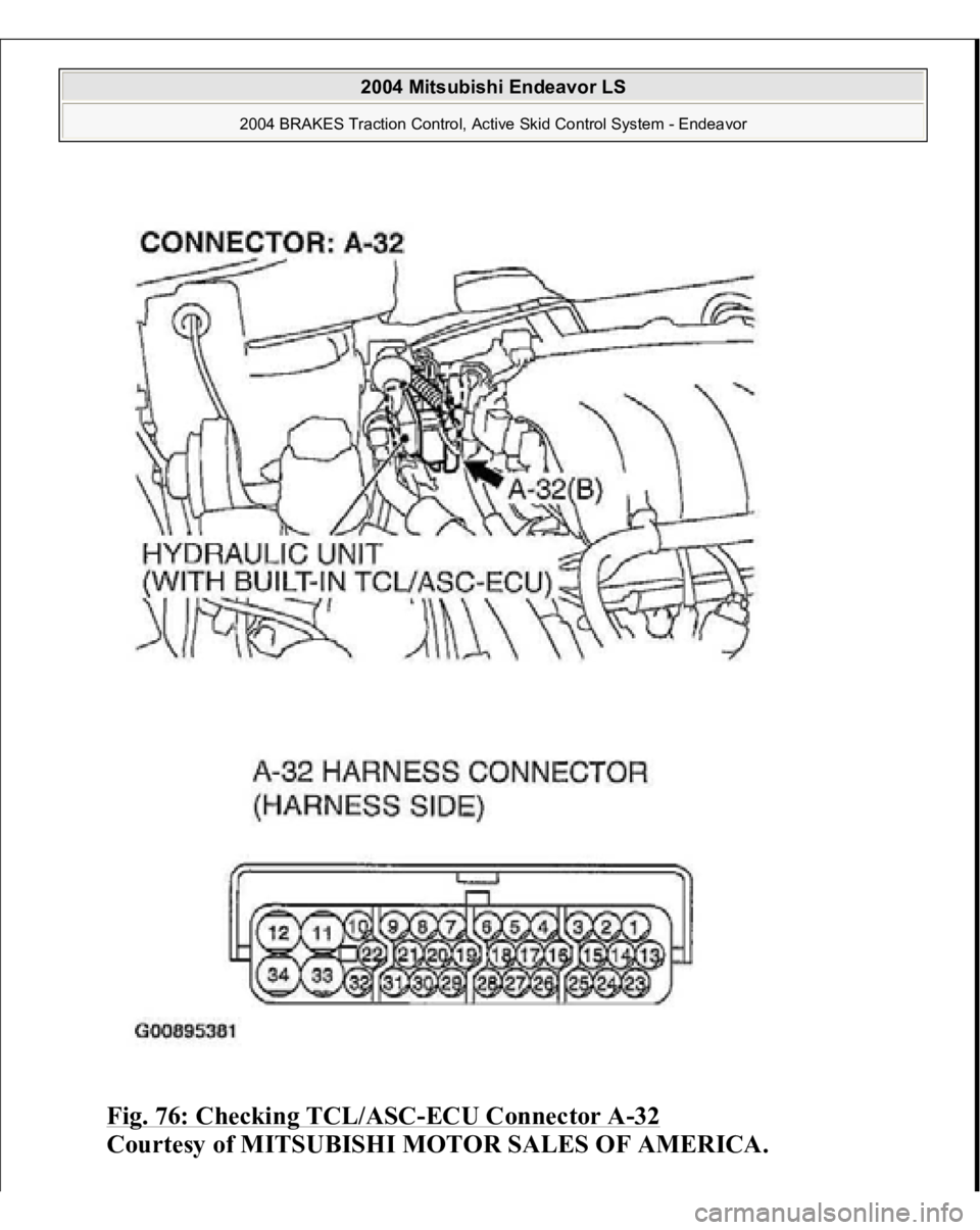 MITSUBISHI ENDEAVOR 2004  Service Repair Manual Fig. 76: Checking TCL/ASC
-ECU Connector A
-32 
Courtesy of MITSUBISHI MOTOR SALES OF AMERICA.
 
2004 Mitsubishi Endeavor LS 
2004 BRAKES Traction Control, Active Skid Control System - Endeavor
   