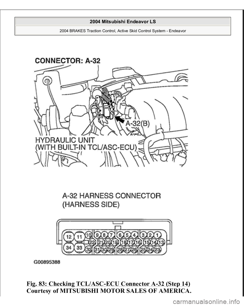 MITSUBISHI ENDEAVOR 2004  Service Repair Manual Fig. 83: Checking TCL/ASC
-ECU Connector A
-32 (Step 14)
 
Courtesy of MITSUBISHI MOTOR SALES OF AMERICA.
 
2004 Mitsubishi Endeavor LS 
2004 BRAKES Traction Control, Active Skid Control System - Ende
