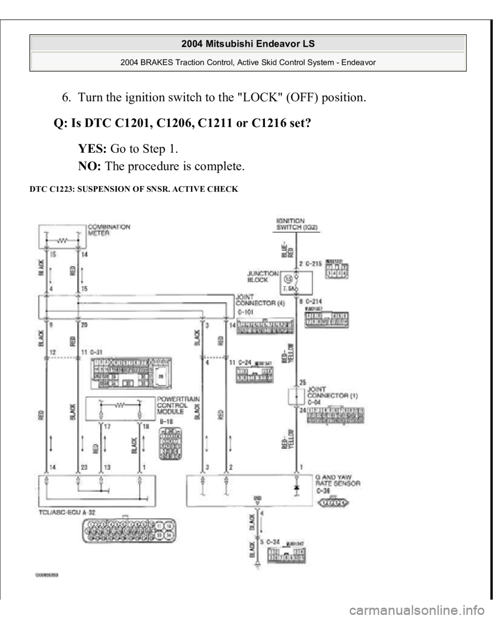 MITSUBISHI ENDEAVOR 2004  Service Repair Manual 6. Turn the ignition switch to the "LOCK" (OFF) position.  
Q: Is DTC C1201, C1206, C1211 or C1216 set?  
YES: Go to Step 1.  
NO: The procedure is complete.  
DTC C1223: SUSPENSION OF SNSR. A