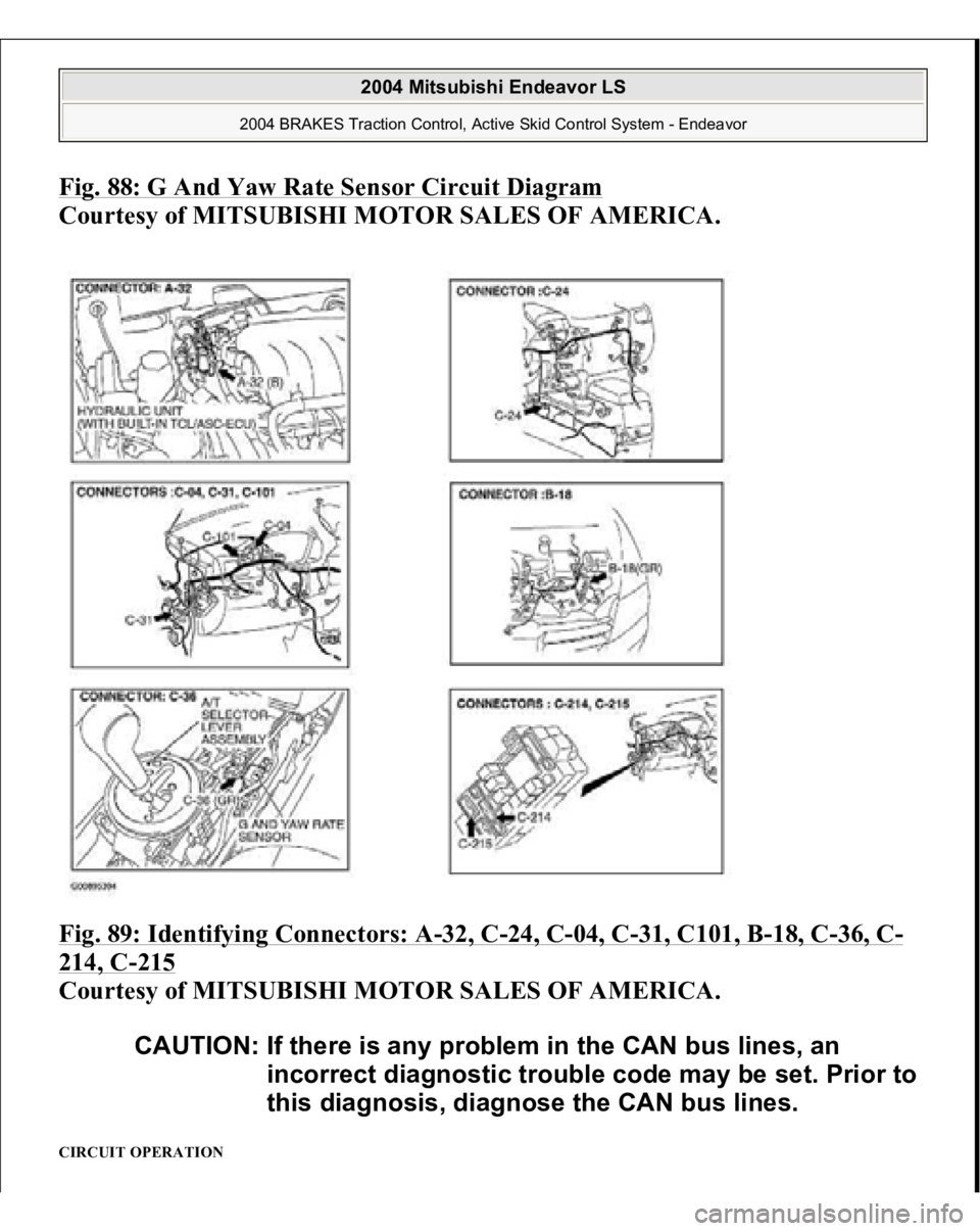 MITSUBISHI ENDEAVOR 2004  Service Repair Manual Fig. 88: G And Yaw Rate Sensor Circuit Diagra
m 
Courtesy of MITSUBISHI MOTOR SALES OF AMERICA. 
Fig. 89: Identifying Connectors: A
-32, C
-24, C
-04, C
-31, C101, B
-18, C
-36, C
-
214, C
-215
 
Cour