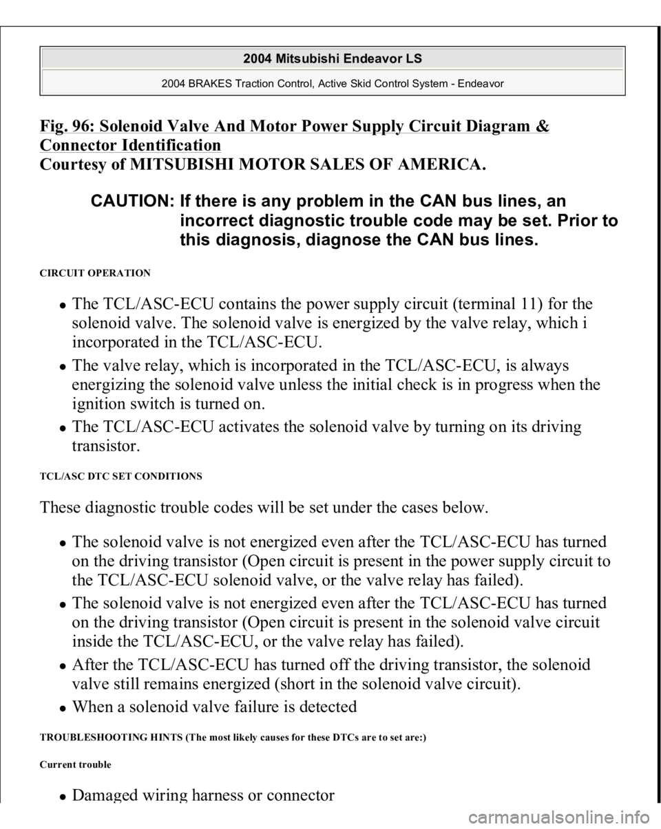 MITSUBISHI ENDEAVOR 2004  Service Repair Manual Fig. 96: Solenoid Valve And Motor Power Supply Circuit Diagram & Connector Identification
 
Courtesy of MITSUBISHI MOTOR SALES OF AMERICA. 
CIRCUIT OPERATION 
The TCL/ASC-ECU contains the power supply