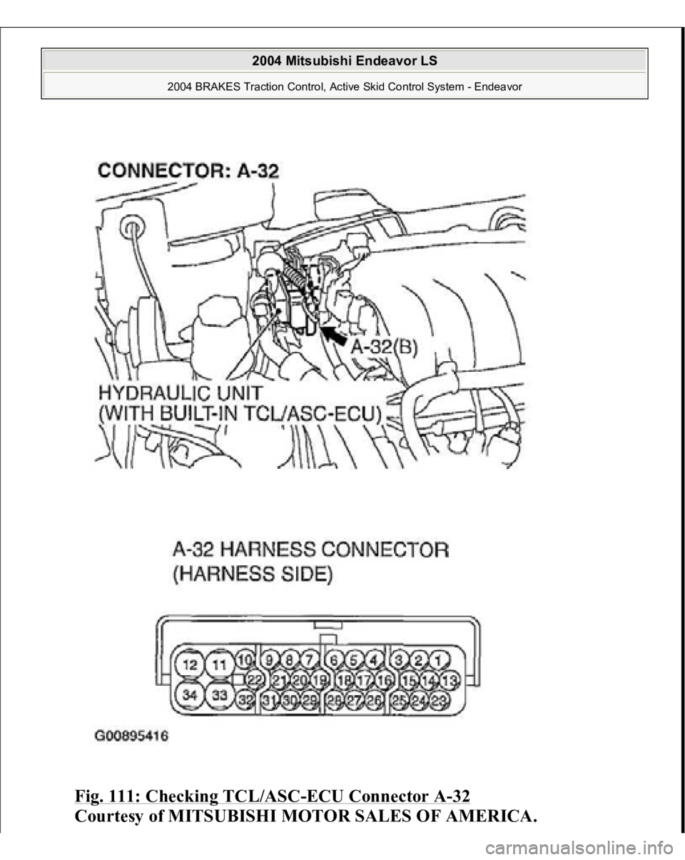 MITSUBISHI ENDEAVOR 2004  Service Repair Manual Fig. 111: Checking TCL/ASC
-ECU Connector A
-32 
Courtesy of MITSUBISHI MOTOR SALES OF AMERICA.
 
2004 Mitsubishi Endeavor LS 
2004 BRAKES Traction Control, Active Skid Control System - Endeavor
   