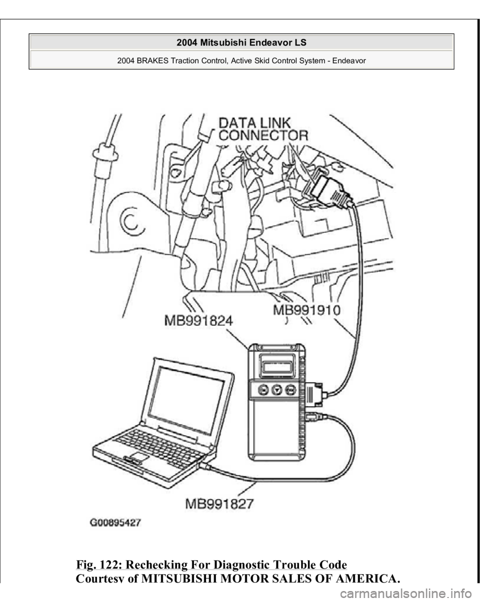 MITSUBISHI ENDEAVOR 2004  Service Repair Manual Fig. 122: Rechecking For Diagnostic Trouble Code
 
Courtes
y of MITSUBISHI MOTOR SALES OF AMERICA
.
 
2004 Mitsubishi Endeavor LS 
2004 BRAKES Traction Control, Active Skid Control System - Endeavor
 