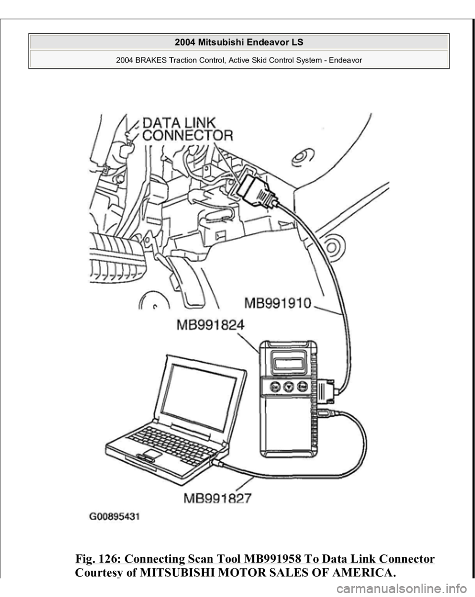 MITSUBISHI ENDEAVOR 2004  Service Repair Manual Fig. 126: Connecting Scan Tool MB991958 To Data Link Connector
 
Courtes
y of MITSUBISHI MOTOR SALES OF AMERICA
.
 
2004 Mitsubishi Endeavor LS 
2004 BRAKES Traction Control, Active Skid Control Syste
