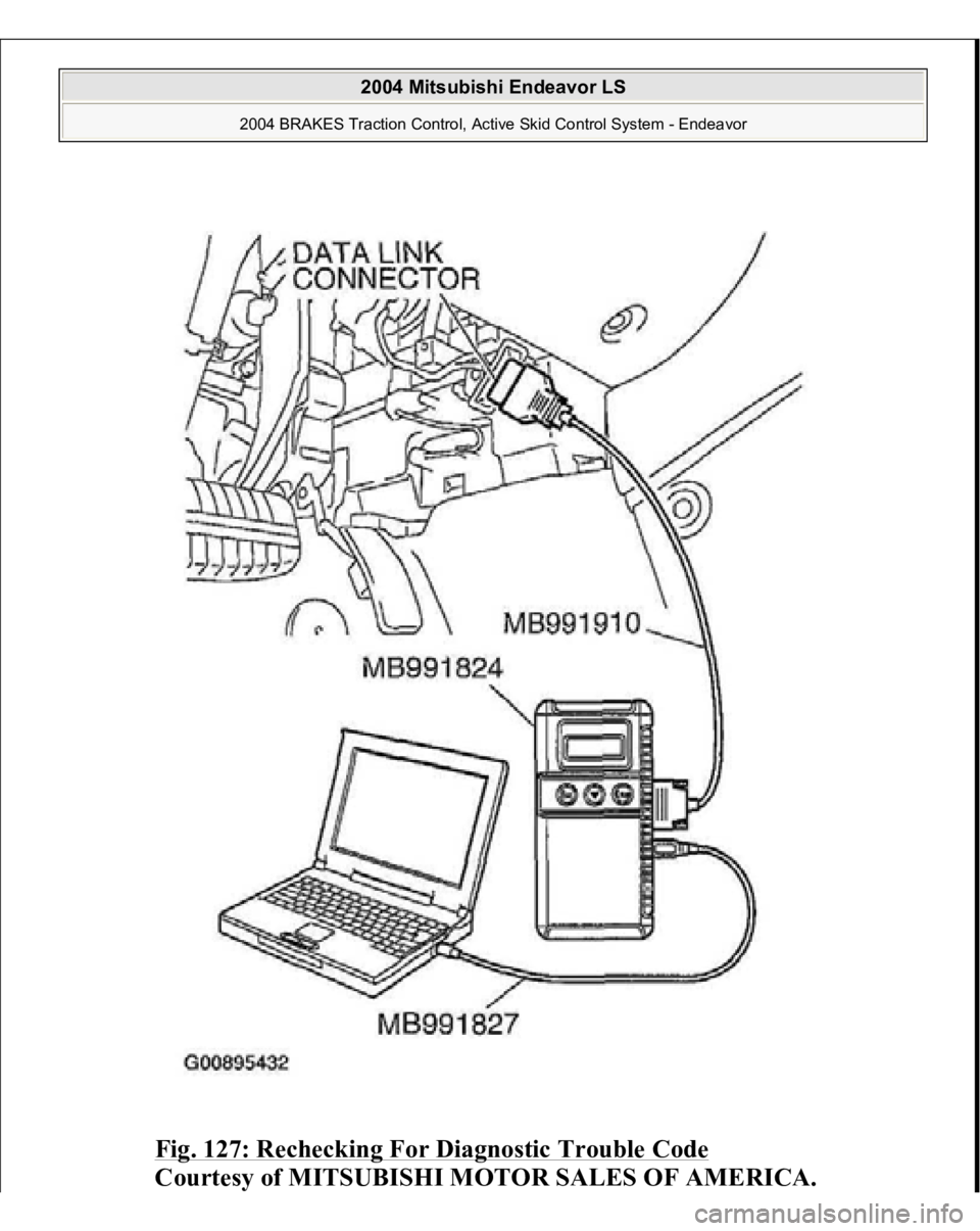 MITSUBISHI ENDEAVOR 2004  Service Repair Manual Fig. 127: Rechecking For Diagnostic Trouble Code
 
Courtesy of MITSUBISHI MOTOR SALES OF AMERICA.
 
2004 Mitsubishi Endeavor LS 
2004 BRAKES Traction Control, Active Skid Control System - Endeavor
   
