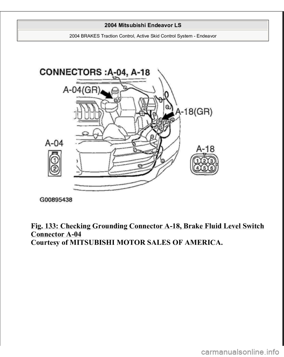 MITSUBISHI ENDEAVOR 2004  Service Repair Manual Fig. 133: Checking Grounding Connector A
-18, Brake Fluid Level Switch 
Connector A
-04 
Courtes
y of MITSUBISHI MOTOR SALES OF AMERICA
.
 
2004 Mitsubishi Endeavor LS 
2004 BRAKES Traction Control, A