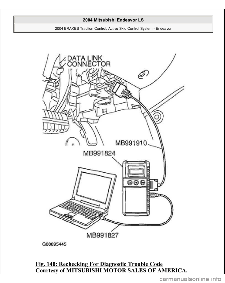 MITSUBISHI ENDEAVOR 2004  Service Repair Manual Fig. 140: Rechecking For Diagnostic Trouble Code
 
Courtesy of MITSUBISHI MOTOR SALES OF AMERICA.
 
2004 Mitsubishi Endeavor LS 
2004 BRAKES Traction Control, Active Skid Control System - Endeavor
   