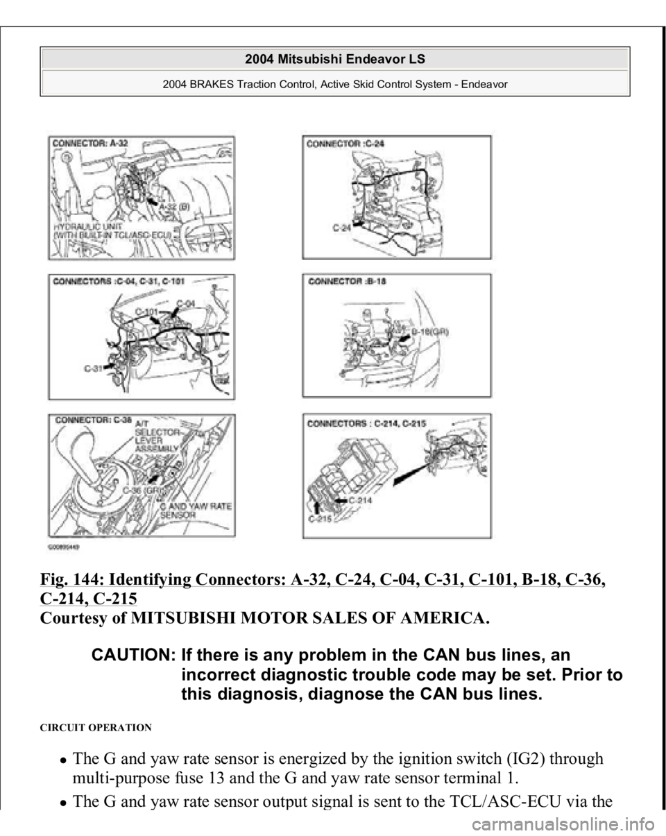 MITSUBISHI ENDEAVOR 2004  Service Repair Manual Fig. 144: Identifying Connectors: A
-32, C
-24, C
-04, C
-31, C
-101, B
-18, C
-36, 
C-214, C
-215
 
Courtesy of MITSUBISHI MOTOR SALES OF AMERICA. 
CIRCUIT OPERATION 
The G and yaw rate sensor is ene