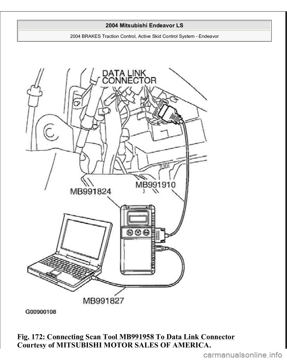 MITSUBISHI ENDEAVOR 2004  Service Repair Manual Fig. 172: Connecting Scan Tool MB991958 To Data Link Connector
 
Courtes
y of MITSUBISHI MOTOR SALES OF AMERICA
.
 
2004 Mitsubishi Endeavor LS 
2004 BRAKES Traction Control, Active Skid Control Syste