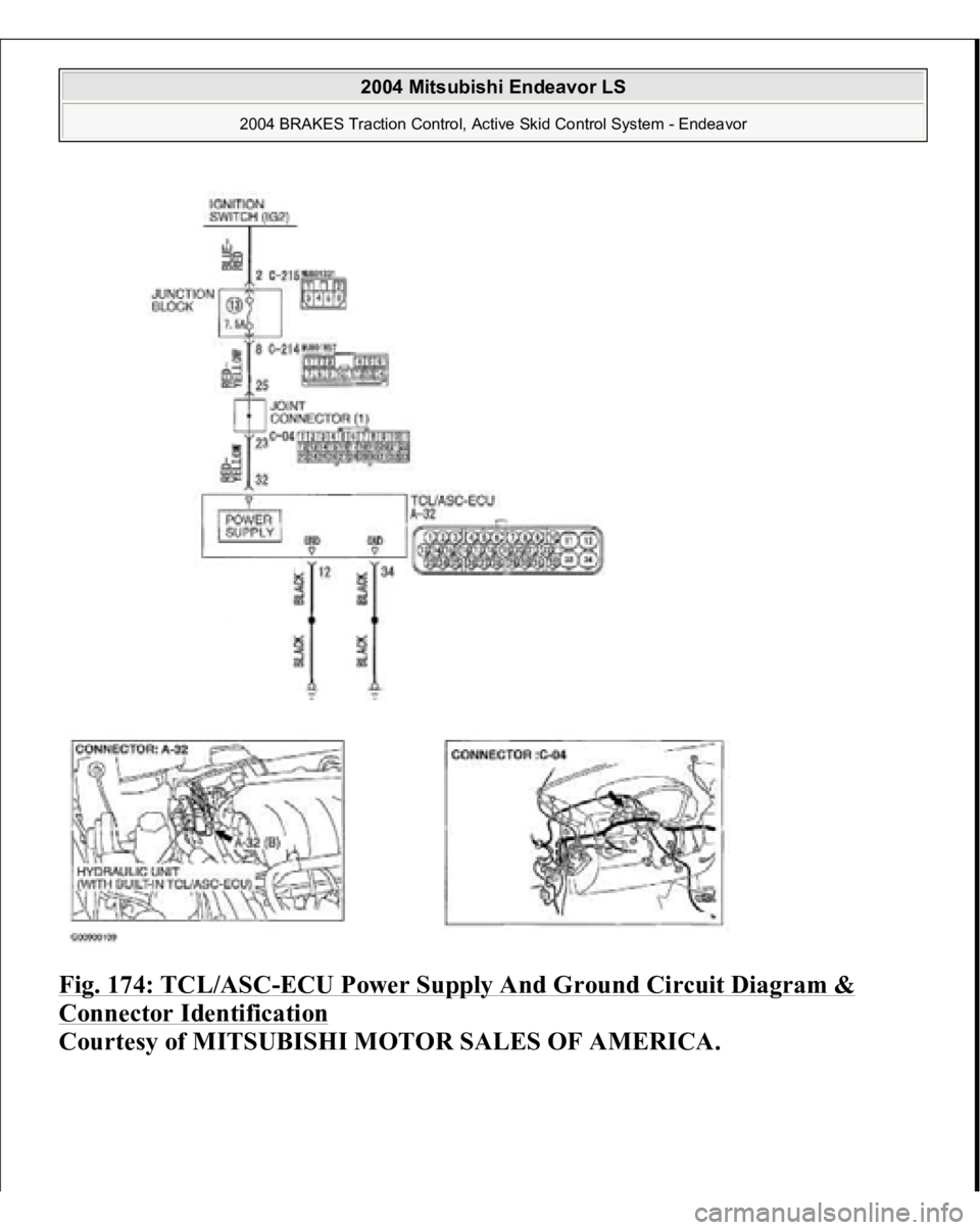 MITSUBISHI ENDEAVOR 2004  Service Repair Manual Fig. 174: TCL/ASC
-ECU Power Supply And Ground Circuit Diagram & 
Connector Identification
 
Courtes
y of MITSUBISHI MOTOR SALES OF AMERICA
.
 
2004 Mitsubishi Endeavor LS 
2004 BRAKES Traction Contro