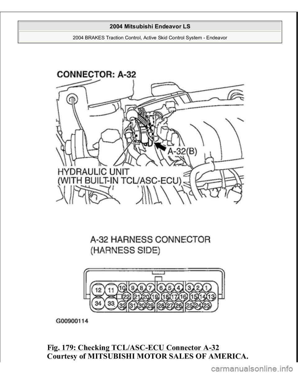 MITSUBISHI ENDEAVOR 2004  Service Repair Manual Fig. 179: Checking TCL/ASC
-ECU Connector A
-32 
Courtesy of MITSUBISHI MOTOR SALES OF AMERICA.
 
2004 Mitsubishi Endeavor LS 
2004 BRAKES Traction Control, Active Skid Control System - Endeavor
   