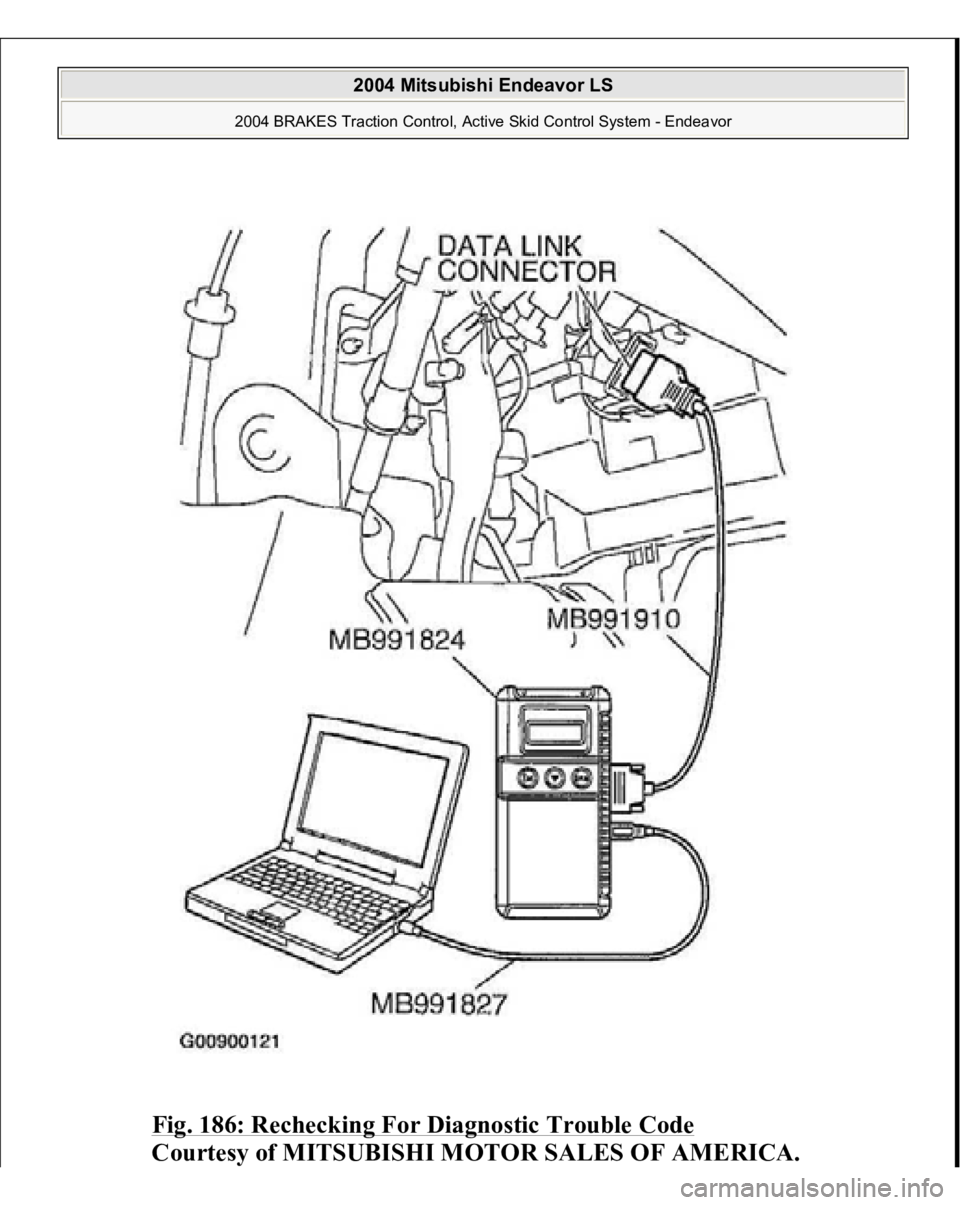 MITSUBISHI ENDEAVOR 2004  Service Repair Manual Fig. 186: Rechecking For Diagnostic Trouble Code
 
Courtesy of MITSUBISHI MOTOR SALES OF AMERICA.
 
2004 Mitsubishi Endeavor LS 
2004 BRAKES Traction Control, Active Skid Control System - Endeavor
   