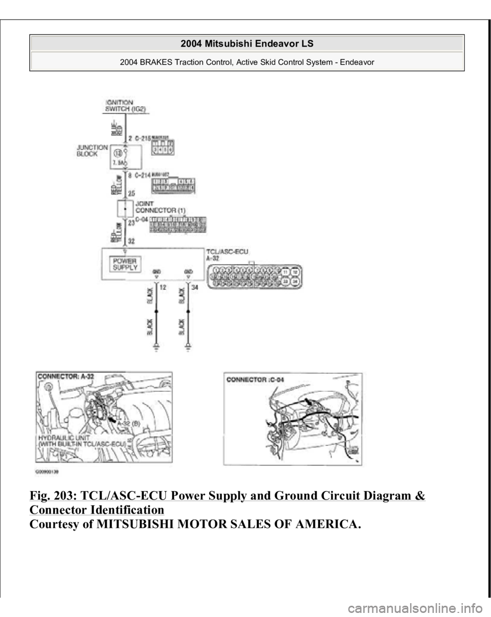 MITSUBISHI ENDEAVOR 2004  Service Repair Manual Fig. 203: TCL/ASC
-ECU Power Supply and Ground Circuit Diagram & 
Connector Identification
 
Courtesy of MITSUBISHI MOTOR SALES OF AMERICA.
 
2004 Mitsubishi Endeavor LS 
2004 BRAKES Traction Control,