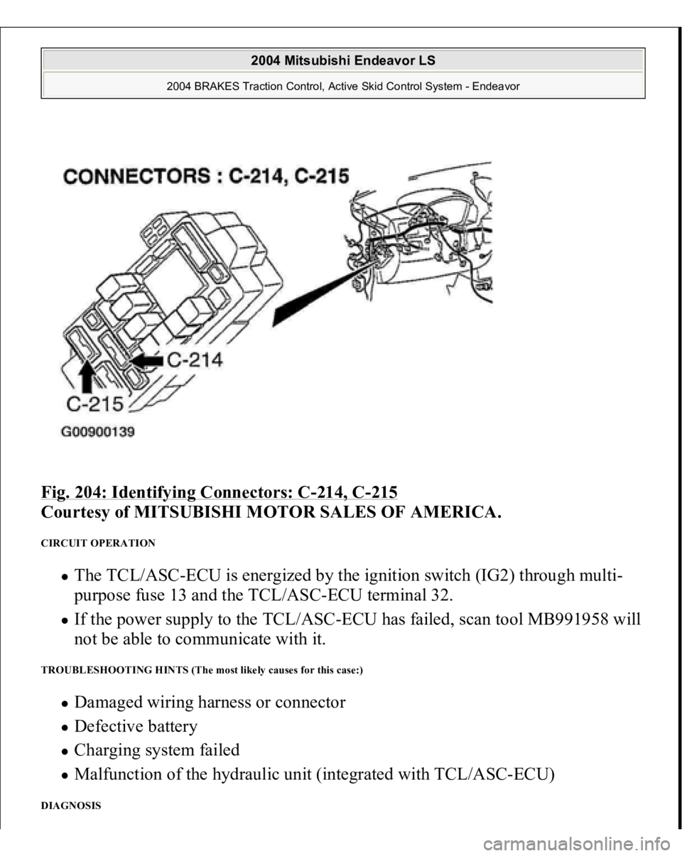 MITSUBISHI ENDEAVOR 2004  Service Repair Manual Fig. 204: Identifying Connectors: C
-214, C
-215
 
Courtesy of MITSUBISHI MOTOR SALES OF AMERICA. 
CIRCUIT OPERATION 
The TCL/ASC-ECU is energized by the ignition switch (IG2) through multi-
purpose f