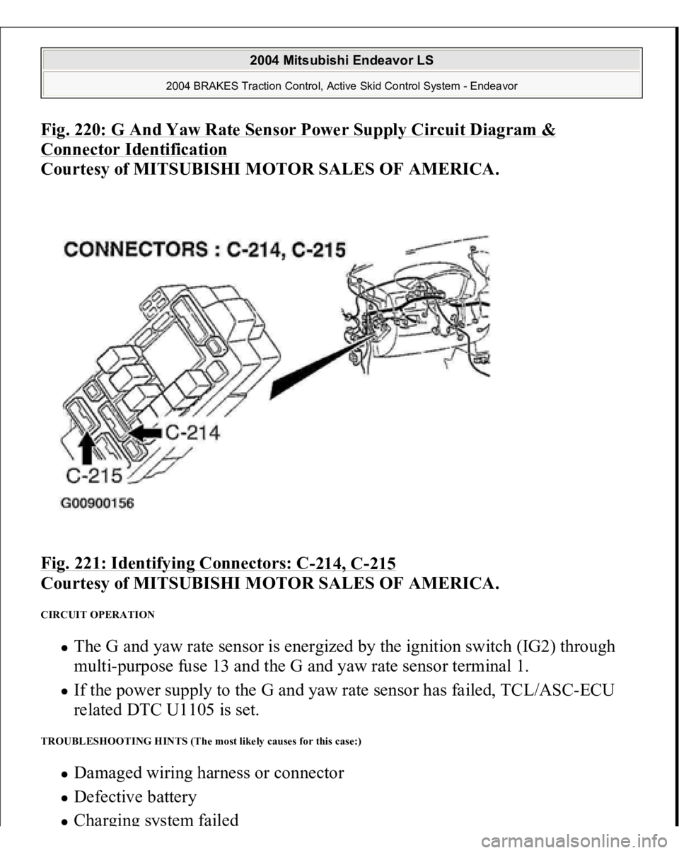 MITSUBISHI ENDEAVOR 2004  Service Repair Manual Fig. 220: G And Yaw Rate Sensor Power Supply Circuit Diagram & Connector Identification
 
Courtesy of MITSUBISHI MOTOR SALES OF AMERICA. 
Fig. 221: Identifying Connectors: C
-214, C
-215
 
Courtesy of