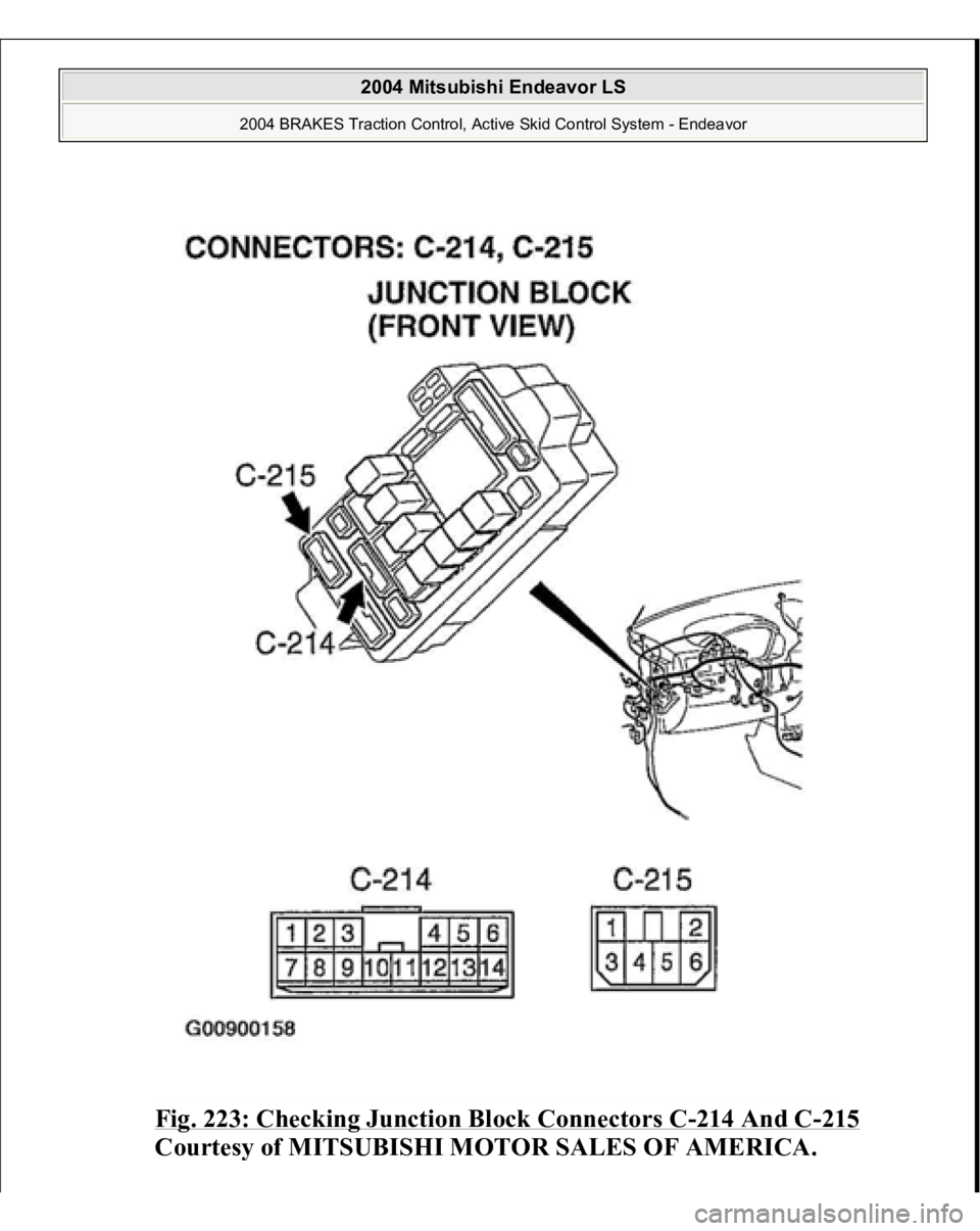 MITSUBISHI ENDEAVOR 2004  Service Repair Manual Fig. 223: Checking Junction Block Connectors C
-214 And C
-215
 
Courtes
y of MITSUBISHI MOTOR SALES OF AMERICA
.
 
2004 Mitsubishi Endeavor LS 
2004 BRAKES Traction Control, Active Skid Control Syste