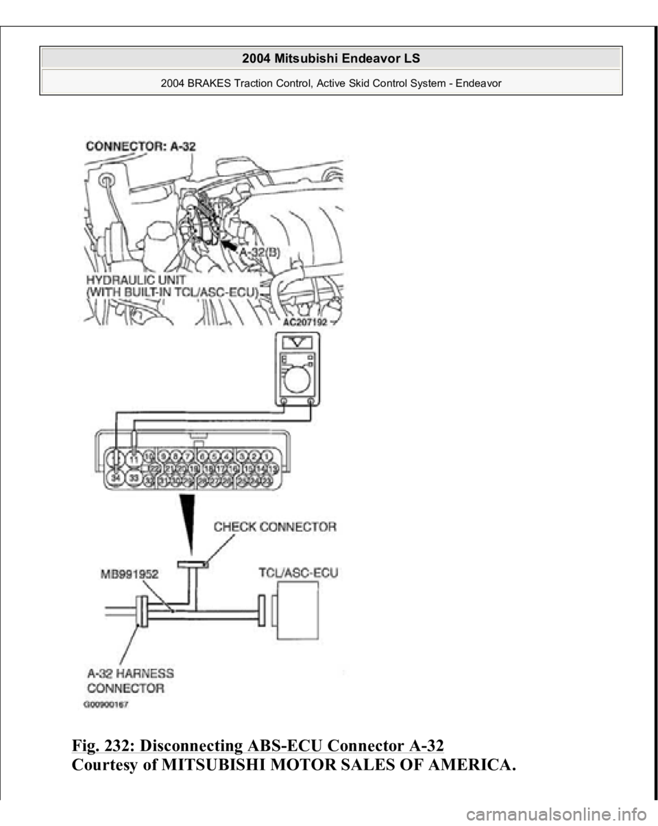 MITSUBISHI ENDEAVOR 2004  Service Repair Manual Fig. 232: Disconnecting ABS
-ECU Connector A
-32 
Courtesy of MITSUBISHI MOTOR SALES OF AMERICA.
 
2004 Mitsubishi Endeavor LS 
2004 BRAKES Traction Control, Active Skid Control System - Endeavor
   