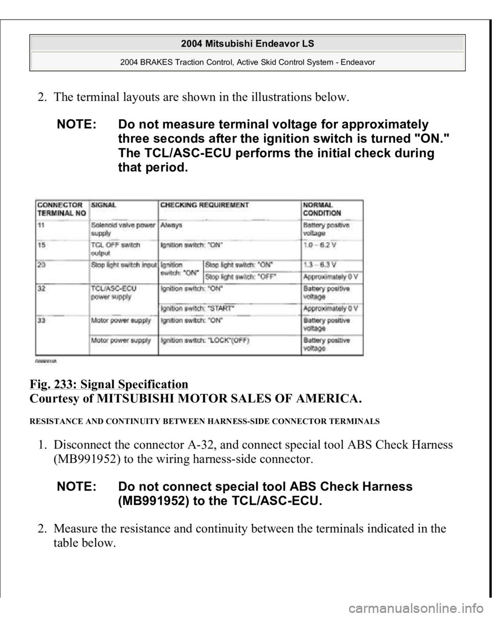 MITSUBISHI ENDEAVOR 2004  Service Repair Manual 2. The terminal layouts are shown in the illustrations below. 
Fig. 233: Signal Specification
 
Courtesy of MITSUBISHI MOTOR SALES OF AMERICA. 
RESISTANCE AND CONTINUITY BETWEEN HARNESS-SIDE CONNECTOR